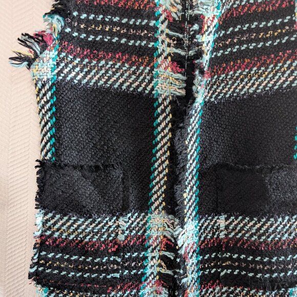 Luisa Spagnoli Italy Woven Knit Vest Black Multicolor Plaid Fringe Large IT 46 - Picture 8 of 15